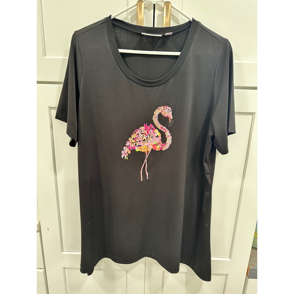 Quacker Factory Womens Black‎ Flamingo Sequin Graphic T-Shirt Large Short Sleeve